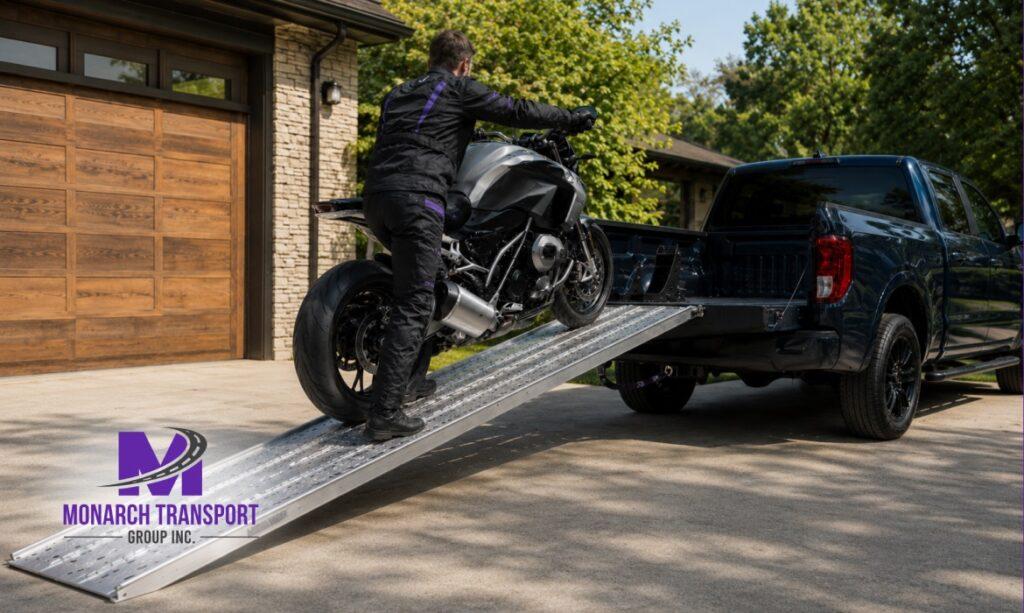 Monarch - Buying a Motorcycle at Auction or Out of State_ Here's How to Get It Home 4 Motorcycle being loaded into pickup truck using aluminum loading ramp.