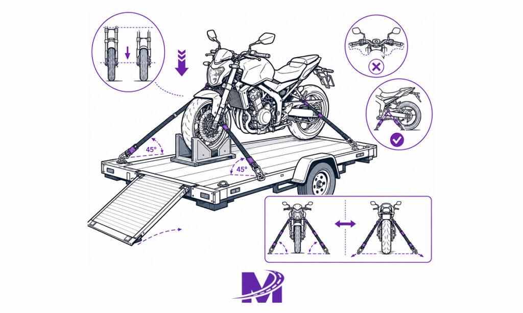Monarch - Buying a Motorcycle at Auction or Out of State_ Here's How to Get It Home 7 Diagram showing correct motorcycle tie-down points and strap angles.