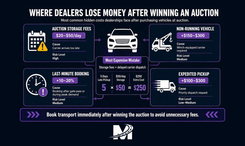 Monarch - How Dealerships Ship Cars from Auto Auctions_ Costs, Timeline, and What to Expect 6 Most common hidden costs dealerships face after purchasing vehicles at auction.