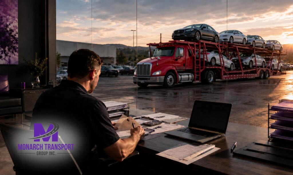 Monarch - How Dealerships Ship Cars from Auto Auctions_ Costs, Timeline, and What to Expect 9 Dealership logistics manager coordinating auction vehicle transport.