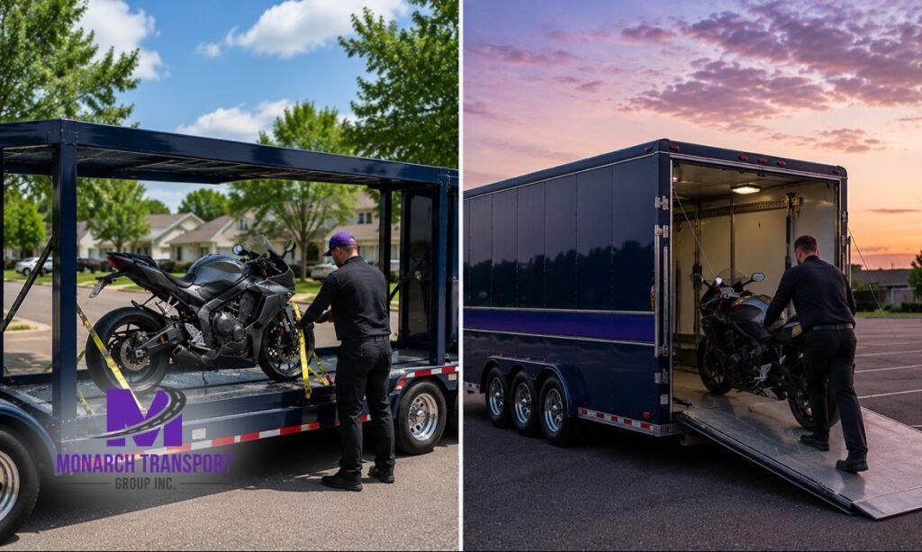 Side-by-side comparison of open and enclosed motorcycle transport trailers