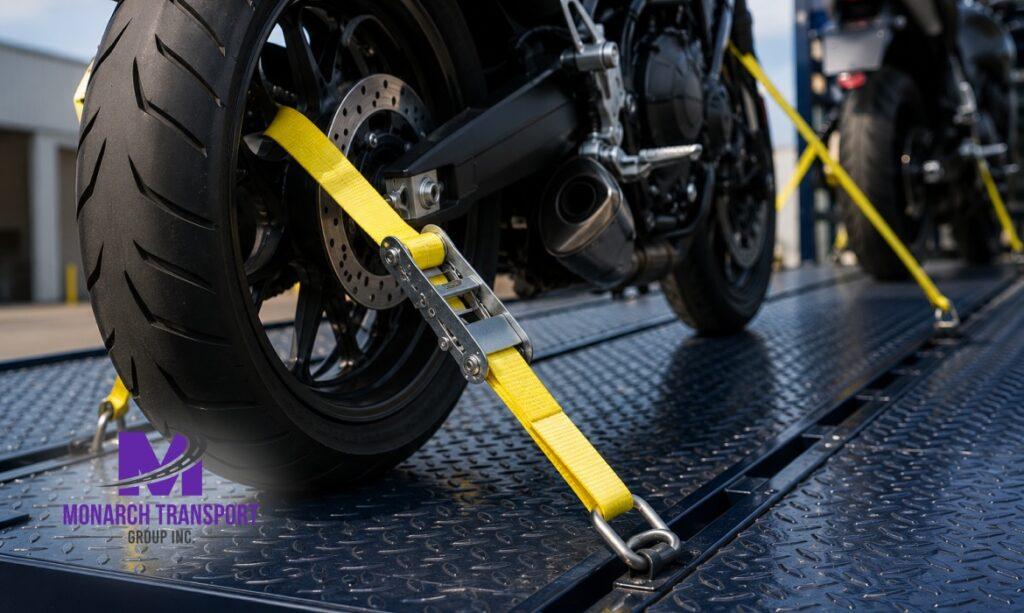 Yellow ratchet straps securing motorcycle wheels to open transport trailer deck