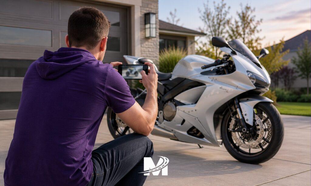 Motorcycle owner documenting bike condition before shipping with smartphone