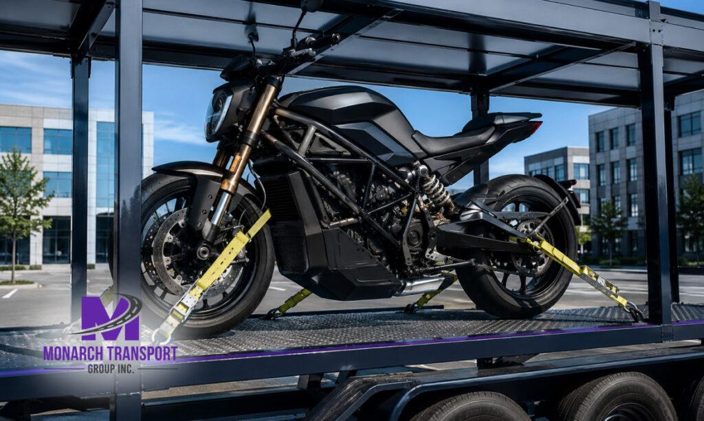 Electric motorcycle secured on open transport trailer for shipping