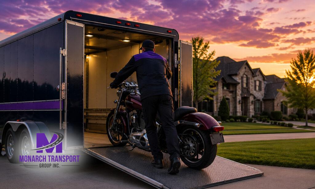Premium motorcycle being professionally unloaded from enclosed transport trailer