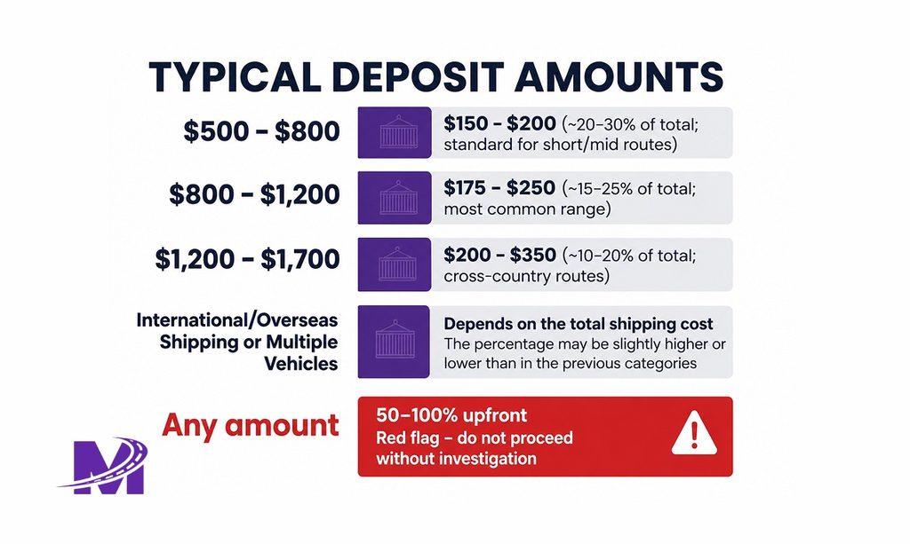 Monarch - Car Shipping Deposit Explained_ Why Brokers Ask for It and When You Pay 3 Infographic showing typical car shipping deposit amounts as a percentage of total shipment cost