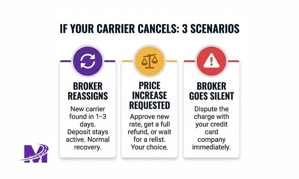 Monarch - Car Shipping Deposit Explained_ Why Brokers Ask for It and When You Pay 5 Infographic showing three possible outcomes when a carrier cancels a car shipment after deposit is paid