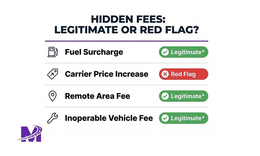 Monarch - Car Shipping Deposit Explained_ Why Brokers Ask for It and When You Pay 6 Infographic table of common hidden fees in car shipping and whether they are legitimate