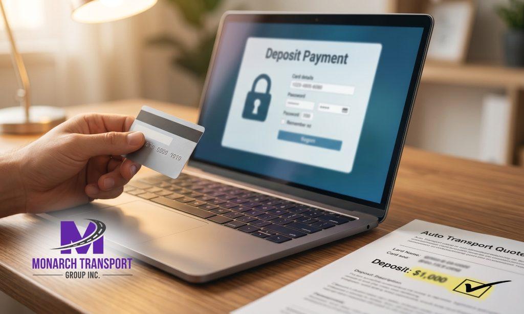 Monarch - Car Shipping Deposit Explained_ Why Brokers Ask for It and When You Pay 7 Person making a secure credit card payment online for car shipping deposit
