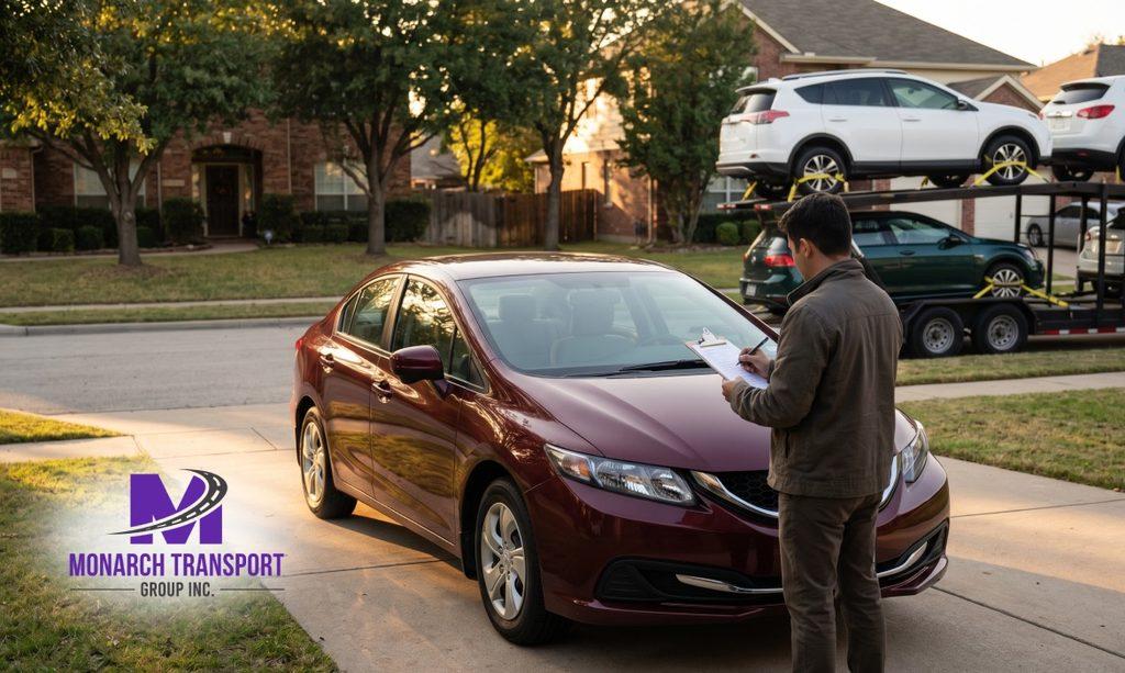 Monarch - Car Shipping Deposit Explained_ Why Brokers Ask for It and When You Pay 8 Vehicle owner inspecting delivered car and signing delivery paperwork after successful car shipping