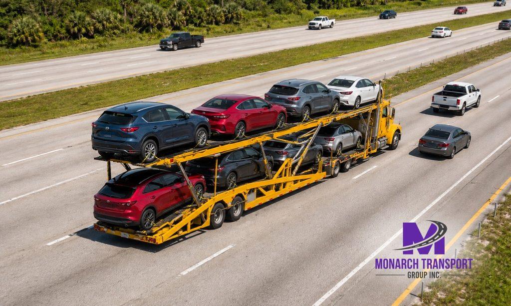 Aerial view of I-95 interstate highway corridor representing popular snowbird car shipping routes to Florida