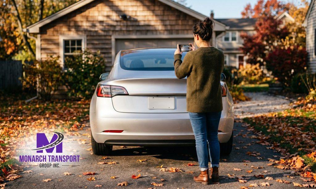 Vehicle owner documenting car condition with smartphone before snowbird car shipping pickup