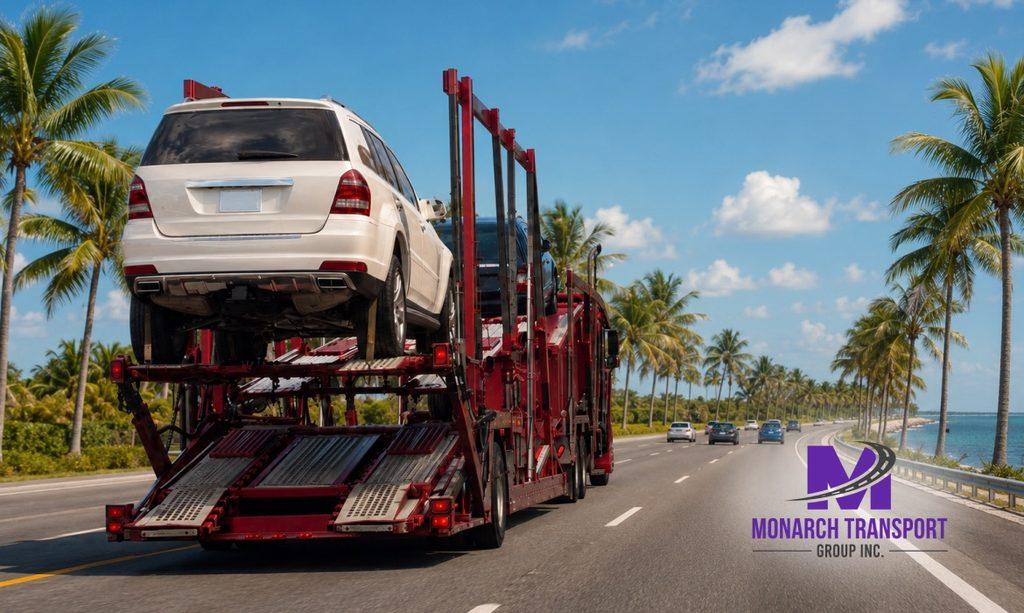 Red open auto transport carrier driving on a highway loaded with a white SUV and other vehicles.