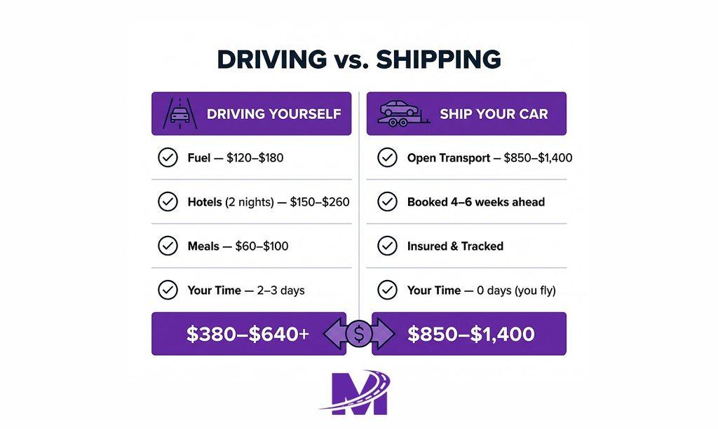 Infographic comparing the cost of driving versus shipping a car to Florida for snowbird season