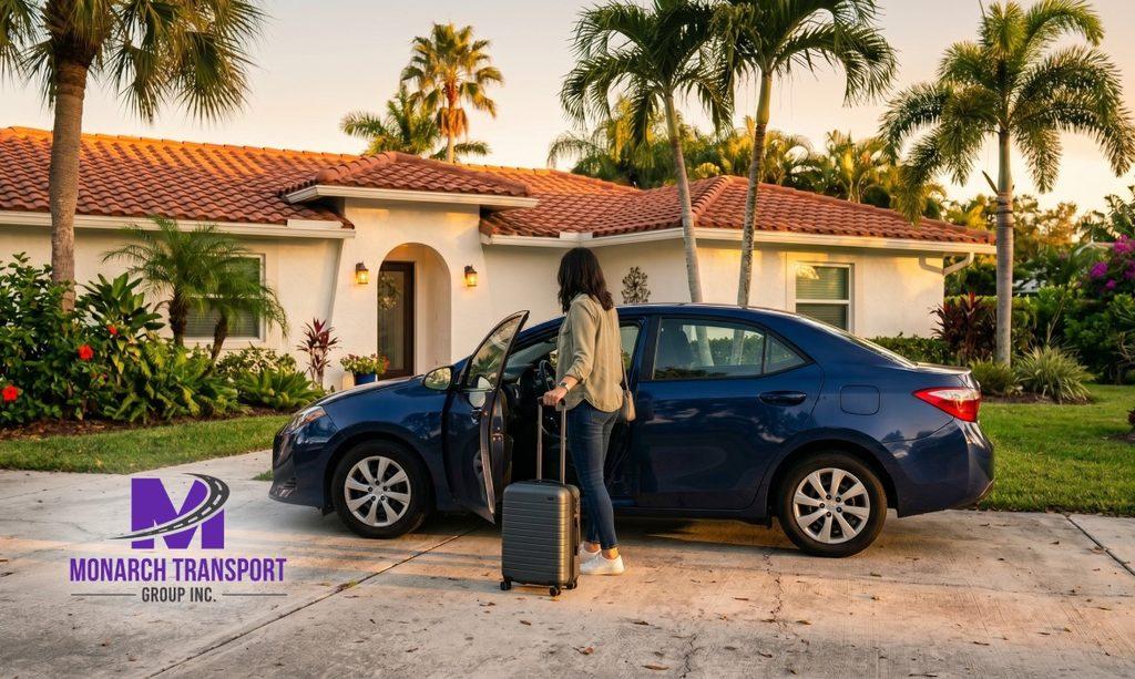 Car owner arriving at Florida home after successful snowbird car shipping delivery