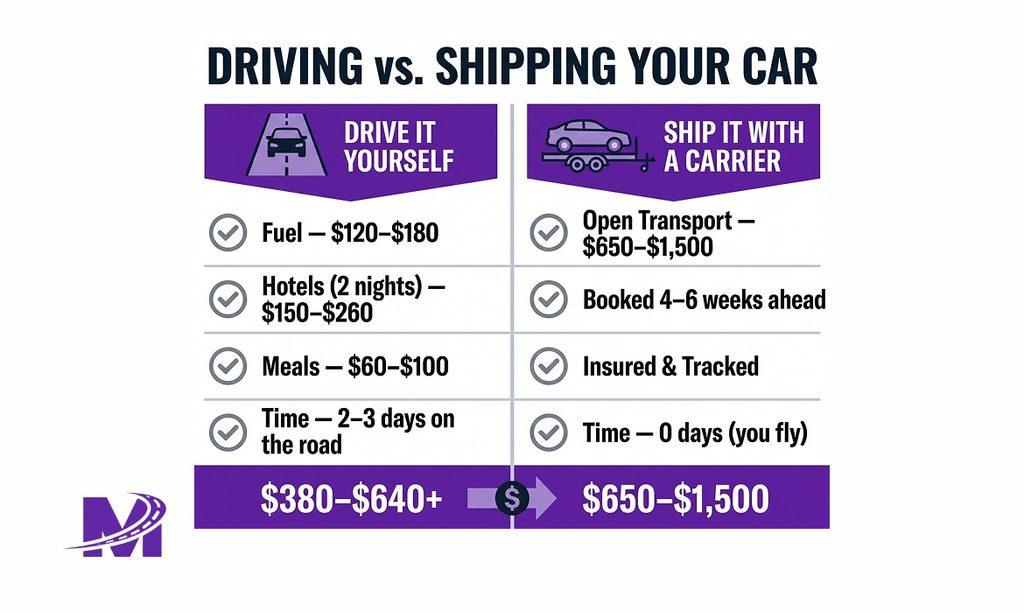 Infographic comparing the cost of driving versus shipping a car during a job relocation