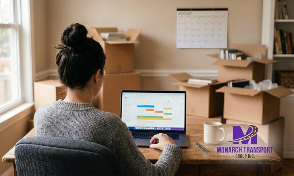 Person planning relocation timeline on laptop with calendar and moving boxes in home office