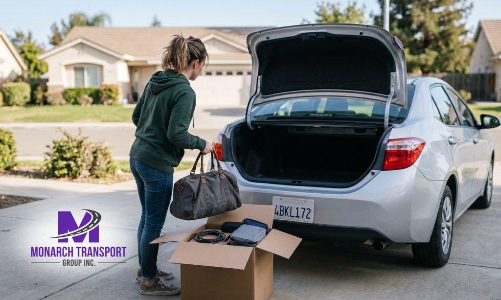 Person preparing car for shipping by removing personal items before relocation transport pickup