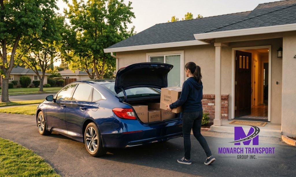 Person arriving at new home with car delivered via relocation auto transport service