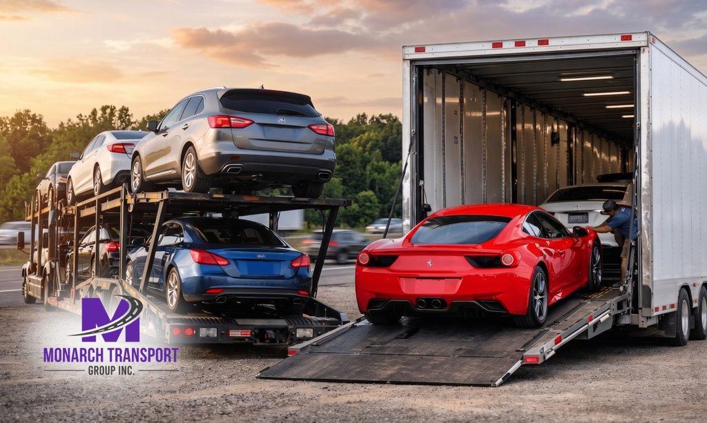 Side-by-side comparison of open and enclosed car transport trailers for relocation shipping