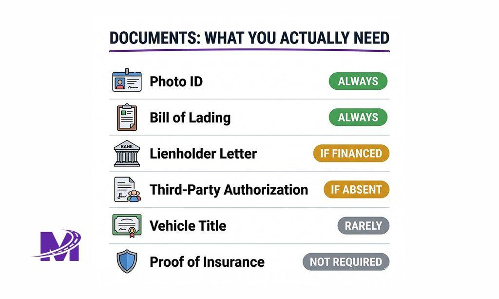  Infographic checklist showing which documents are required, conditional, or rarely needed for car shipping