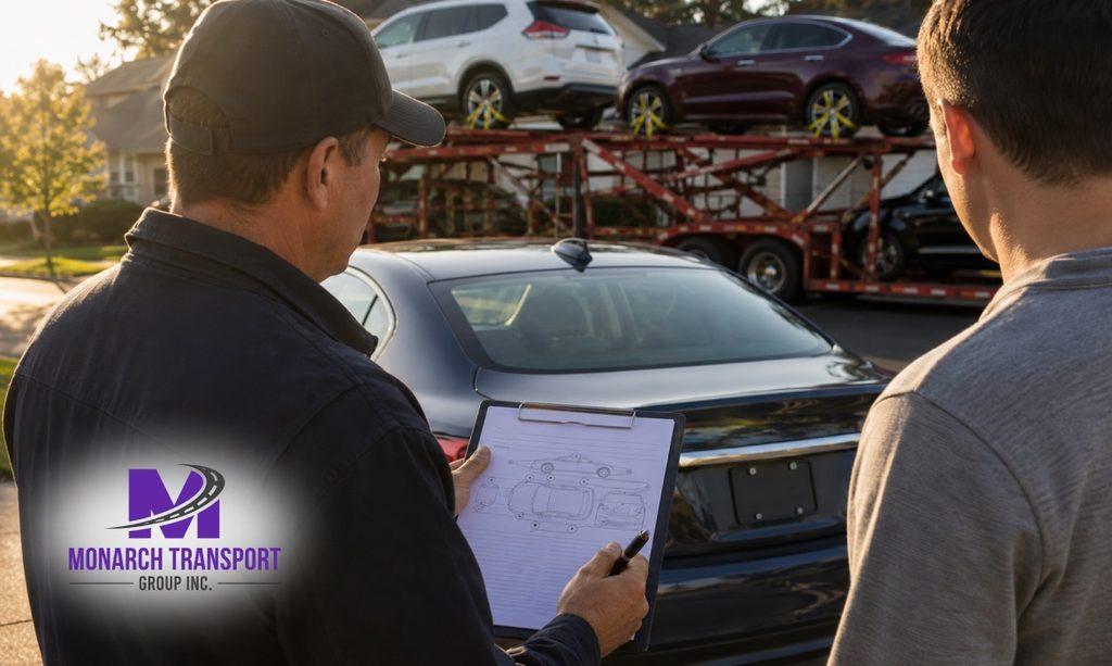 Vehicle owner and driver reviewing the Bill of Lading condition report before signing at car pickup