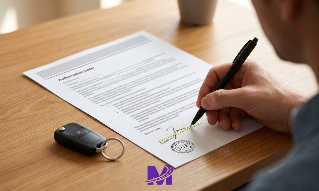 Person signing a written authorization letter allowing someone else to handle car shipping pickup