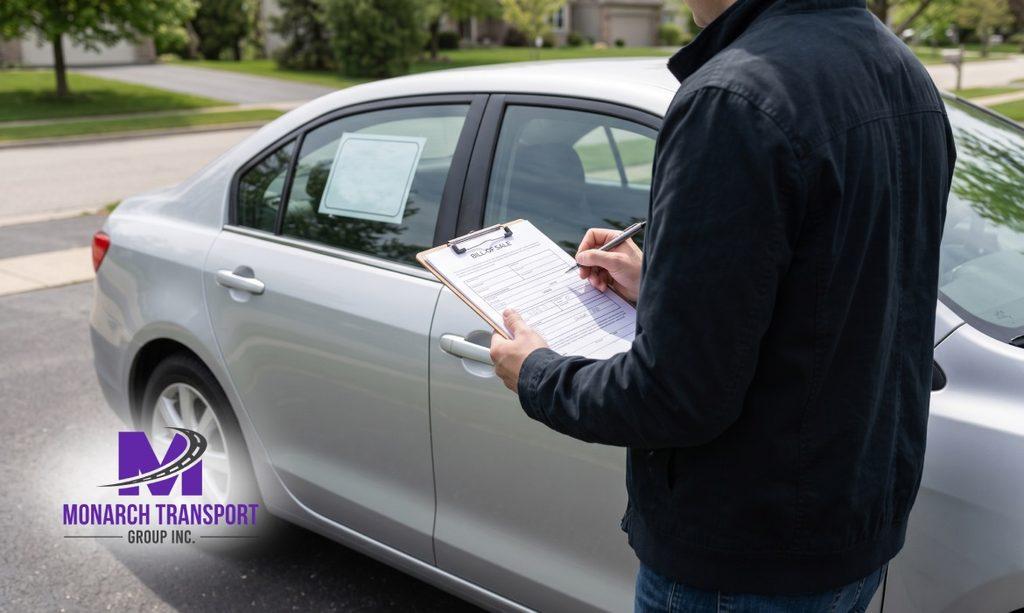 Person reviewing a bill of sale document for a recently purchased vehicle before shipping