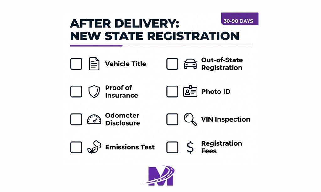 Infographic checklist of documents needed to register a vehicle in a new state after car shipping delivery