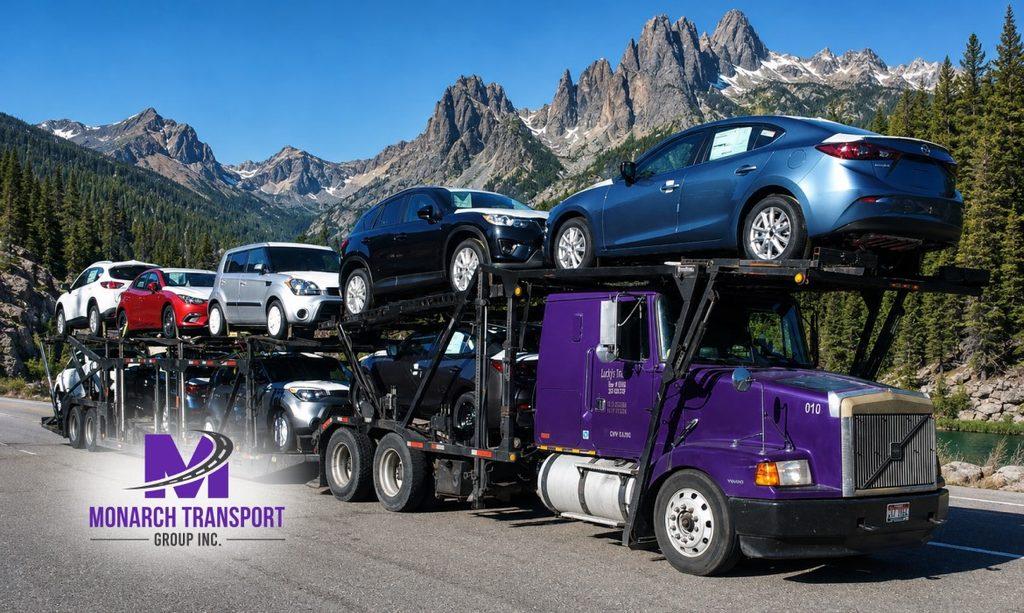 Open multi-level car carrier transporting passenger vehicles on a highway