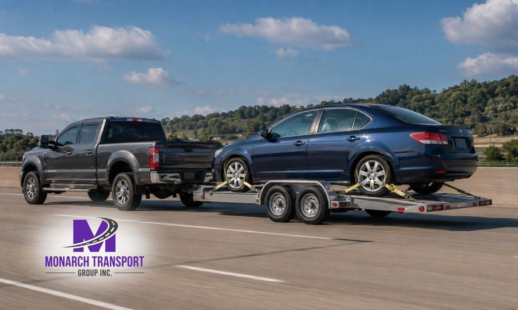 Single-car open trailer transporting one vehicle on a dedicated trip
