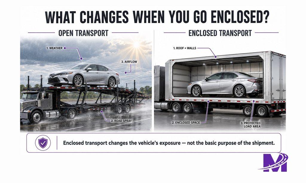 Visual comparison showing how open and enclosed auto transport trailers protect vehicles differently