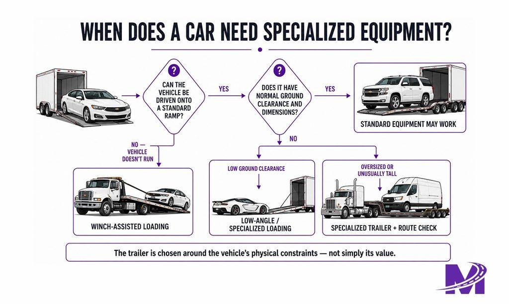 Decision flow showing which specialized trailer equipment may be needed for difficult vehicle transport