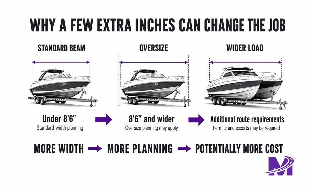 Boat beam width progression from standard transport to oversize requirements
