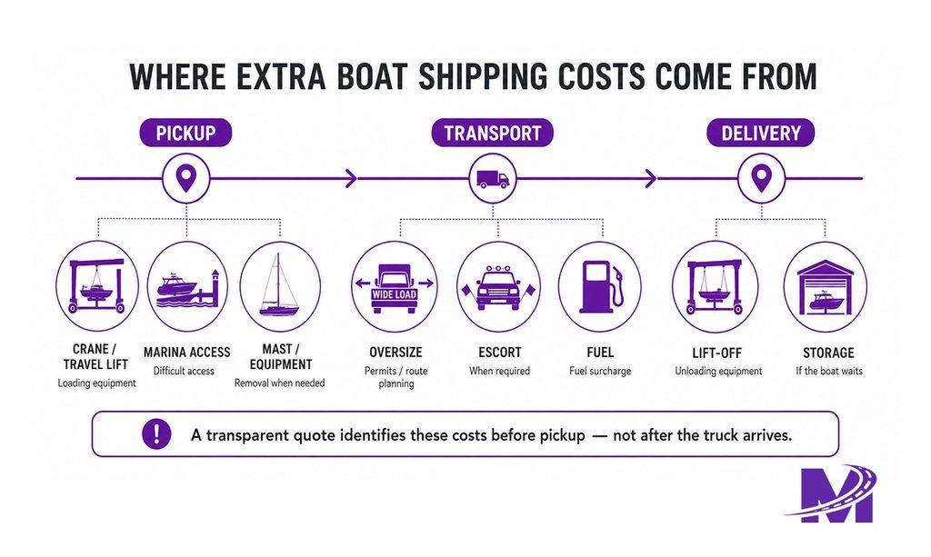 Visual breakdown of where additional boat transportation charges can occur