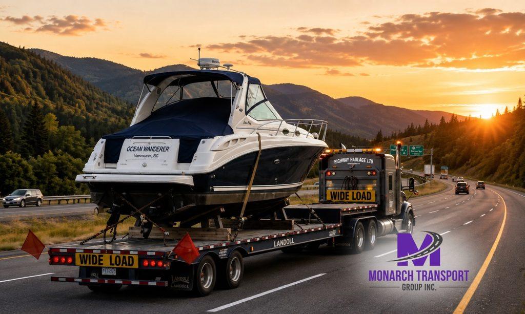 Boat transport carrier moving a recreational boat during seasonal hauling season
