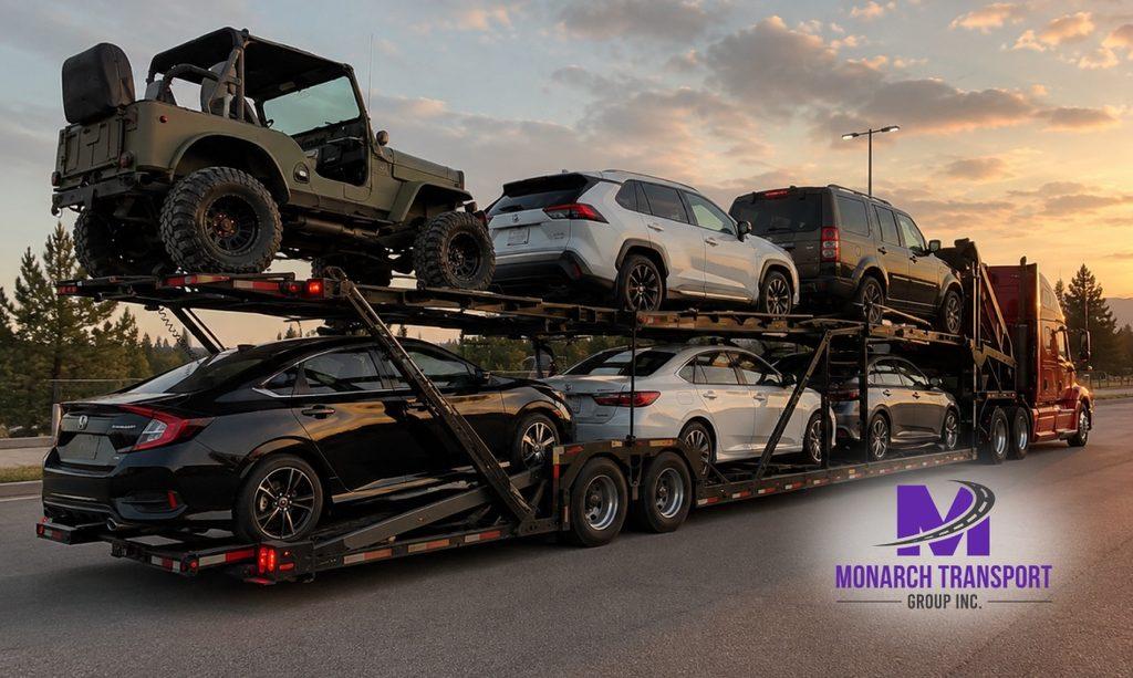 Monarch - Military Car Shipping for PCS Moves – Costs, Discounts & What to Expect 4 Personal SUV transported on an open auto carrier during a long-distance military PCS move