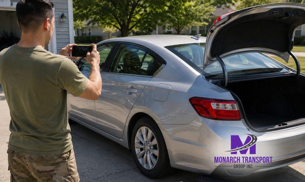 Monarch - Military Car Shipping for PCS Moves – Costs, Discounts & What to Expect 6 Service member documenting vehicle condition and preparing a car for PCS transport