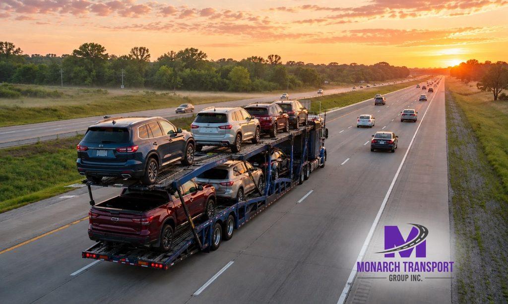 Long-distance open auto transport truck crossing the United States