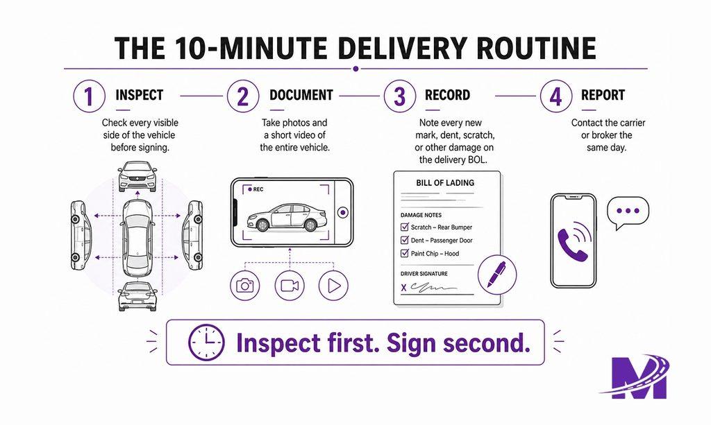 Four-step visual guide for inspecting and documenting vehicle damage after car shipping
