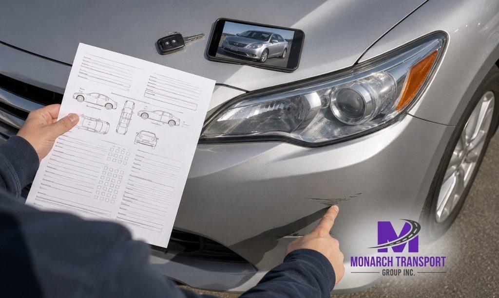 Vehicle condition documentation with photos and bill of lading during auto transport inspection