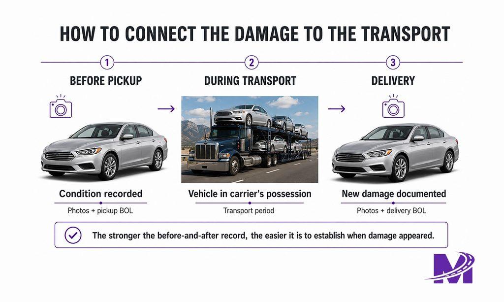 Visual explanation of how pickup and delivery evidence proves vehicle damage during shipping