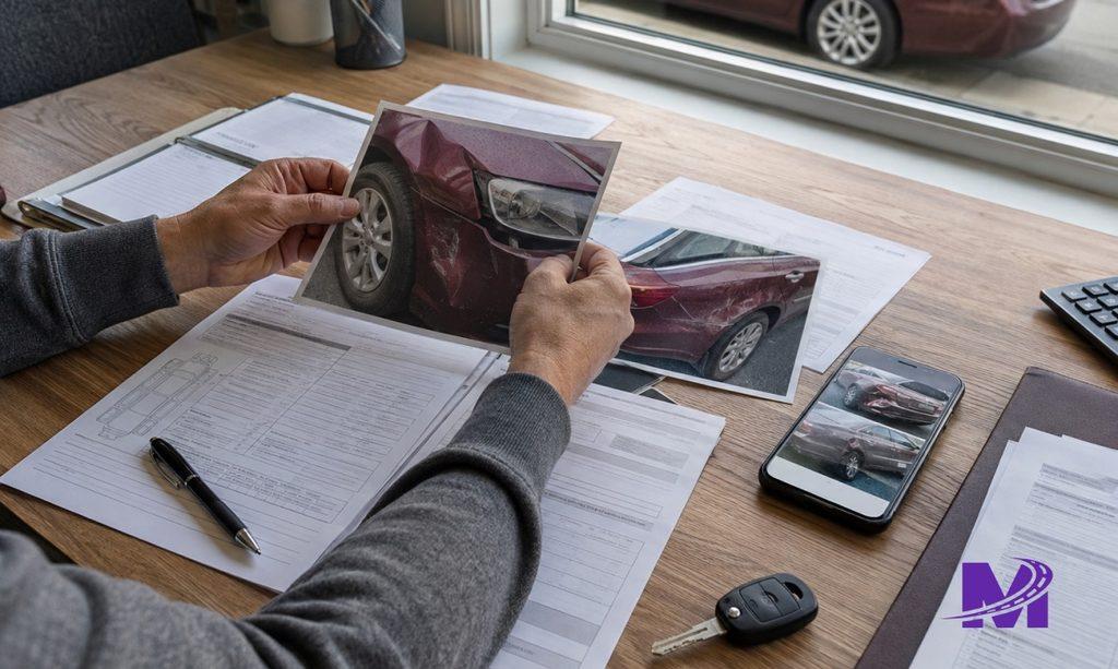 Car owner organizing photos, vehicle documents, and repair estimate for a shipping damage claim