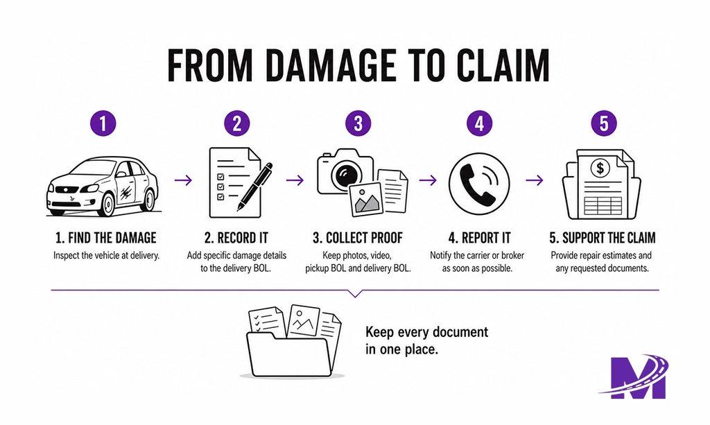 Step-by-step visual process for filing an auto transport damage claim