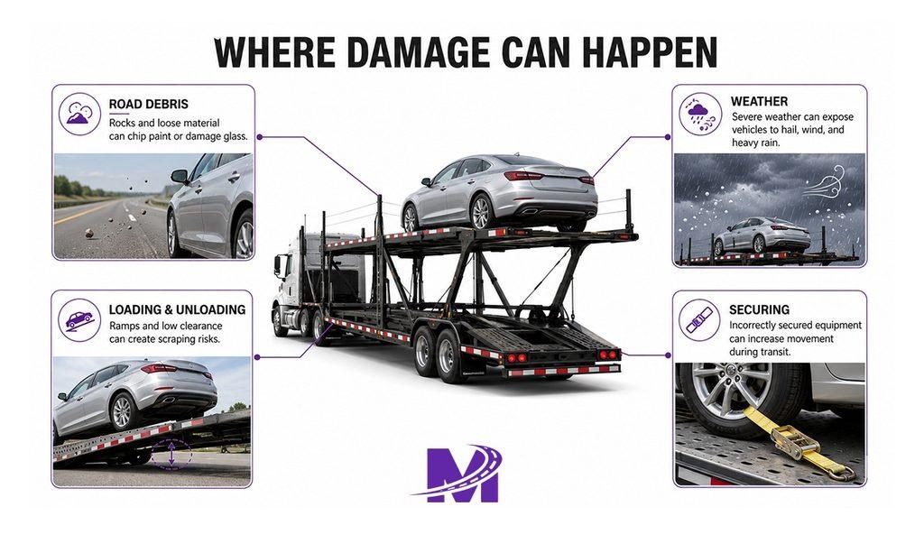 Visual map of common situations that can cause vehicle damage during auto transport