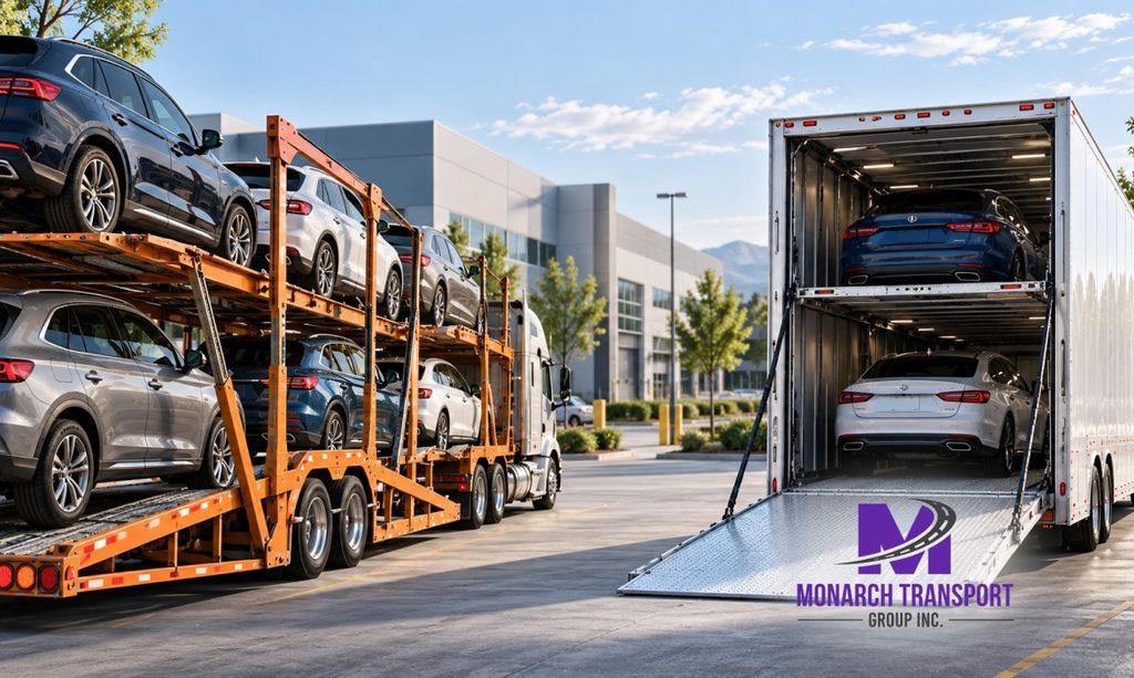 Open and enclosed car transport options shown with different vehicle protection levels