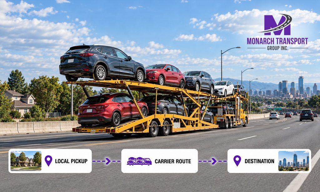 Monarch - Car Shipping Near Me- How Local Pickup Works With Nationwide Carriers 2 Open car carrier transporting vehicles along an interstate highway, illustrating local pickup as part of a nationwide auto transport route.
