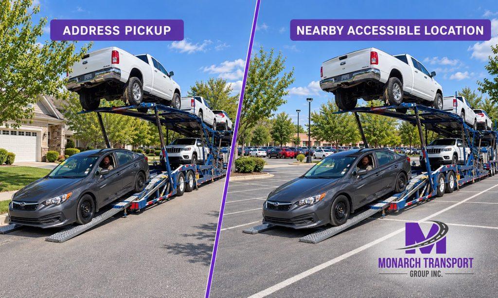 Monarch - Car Shipping Near Me- How Local Pickup Works With Nationwide Carriers 4 Five-step car shipping pickup process infographic showing shipment details, carrier route planning, pickup location confirmation, vehicle inspection, and loading onto a transport trailer.