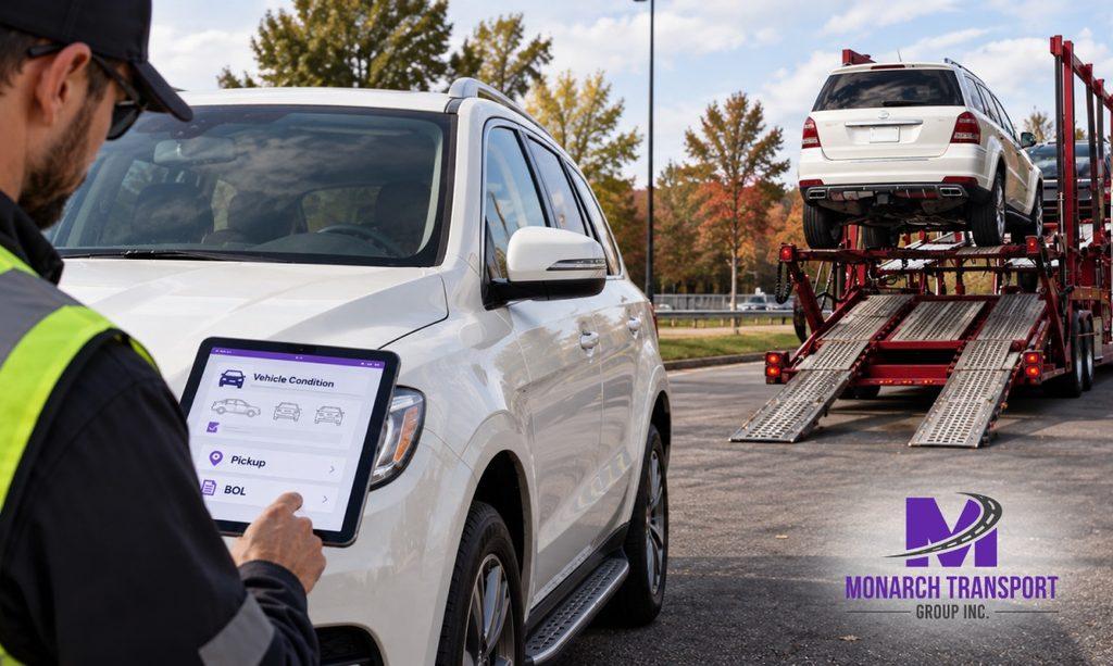 Monarch - Car Shipping Near Me- How Local Pickup Works With Nationwide Carriers 6 Vehicle inspection at pickup with a digital inspection form, Bill of Lading, and an open car carrier ready to load the vehicle.