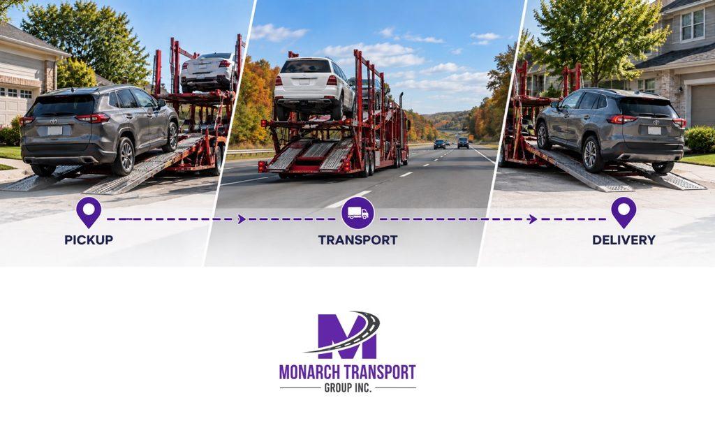 Monarch - Car Shipping Near Me- How Local Pickup Works With Nationwide Carriers 7 Car shipping journey showing a vehicle at pickup, secured on a car carrier during interstate transport, and delivered to its destination.